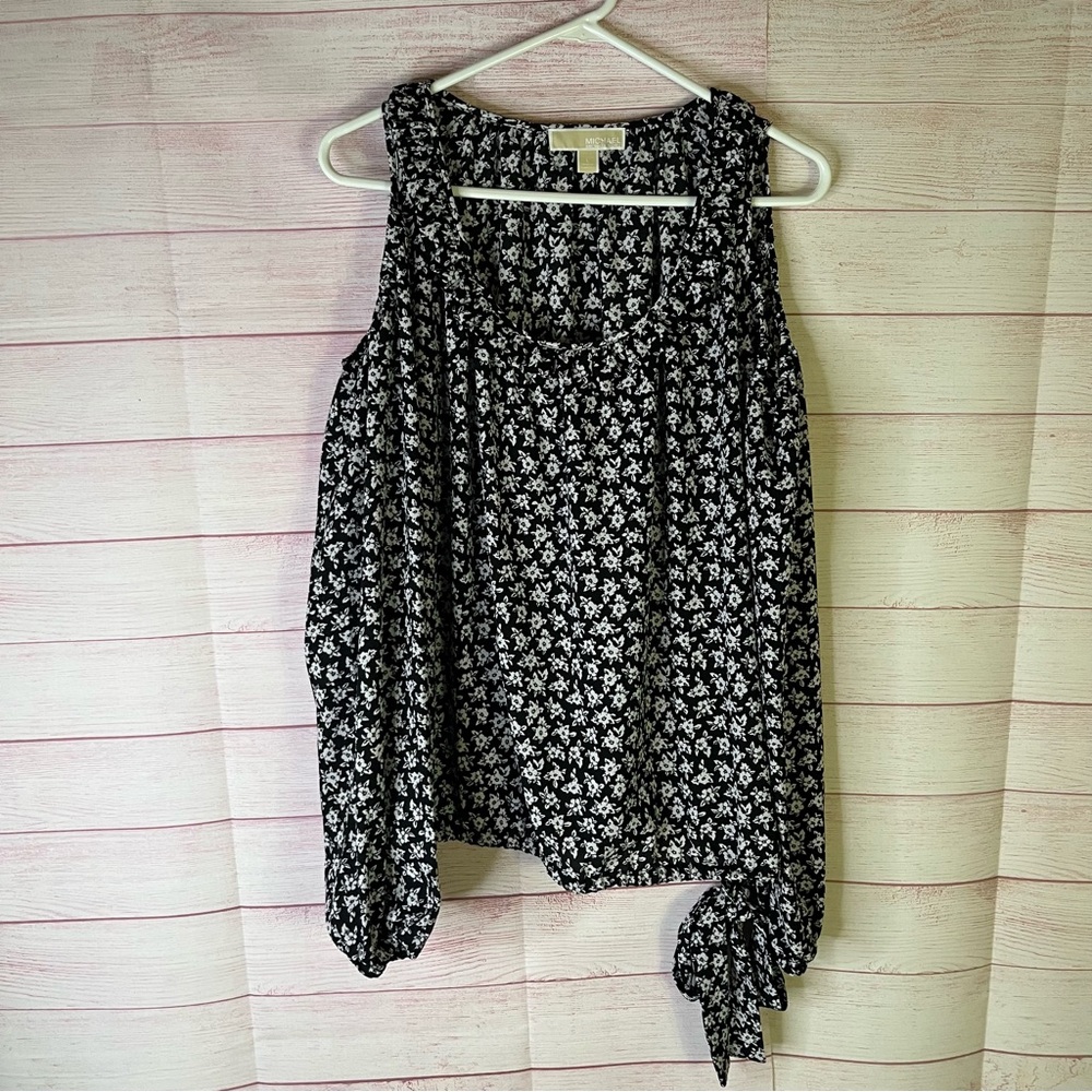 Michael Micheal Kors Black White Floral Cold Shoulder Hem Tie Blouse Size Large